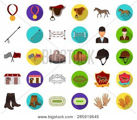 Hippodrome And Horse Cartoon, Flat Icons In Set Collection For Design. Horse Racing And Equipment Ve