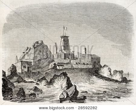 Heaux de Brehat, farol provisório e ilustração antiga do local de construção, França. Criado por M