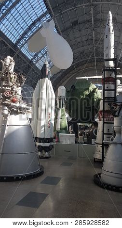 Moscow, Russia - 05.07.2018: Spacecraft, Units And Equipment Of Russia In The Space Museum