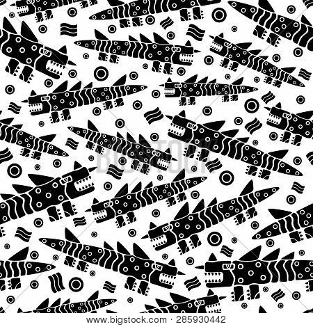 Seamless Background With Dragons, Crocodiles Or Monitor Lizards. Black On White Background, Vector I