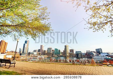 Panoramic View Of Baltimore Inner Harbor In Spring