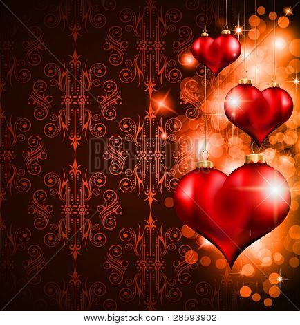 Valentýna leták s bezproblémovou vinobraní pozadí, lesklá srdce a hvězda světla.