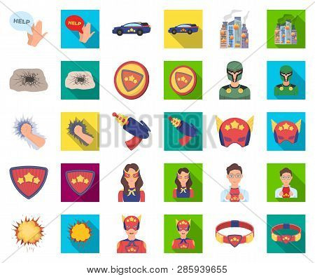 A Fantastic Superhero Cartoon, Flat Icons In Set Collection For Design. Superheros Equipment Vector 