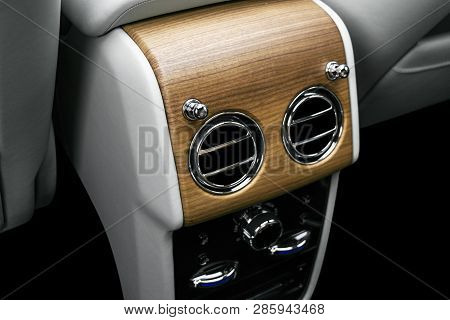 Ac Ventilation Deck In Luxury Modern Car Interior. Modern Car White Leather Interior. With Stitchig.
