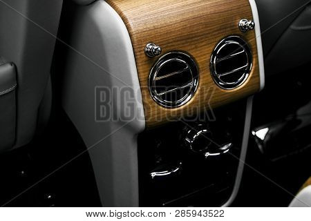 Ac Ventilation Deck In Luxury Modern Car Interior. Modern Car White Leather Interior. With Stitchig.