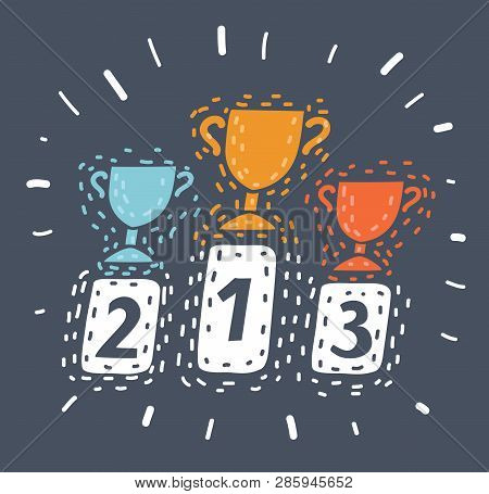 Vector Cartoon Illustration Of Award Trophy. First, Second, Thrid Place. Gold, Silver, Bronze Cup. D