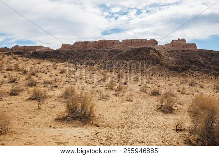 View Of Walls Of The Ayaz-kala Fortress From Kyzylkum Desert, Karakalpakstan, Uzbekistan, Central As