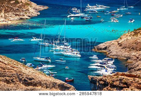 Comino, Malta - July 16: Ships At  Blue Lagoon At Island Comino - Malta On July 16, 2015 In Comino