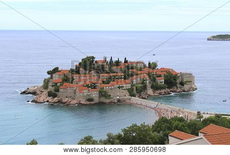 Sveti Stefan Island, Montenegro. Sunny Summer Day, Top View.