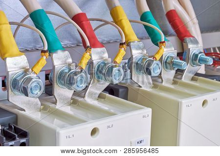Connection Of Electrical Cables And Wires To Industrial Magnetic Starters. Cables Are Marked With Co