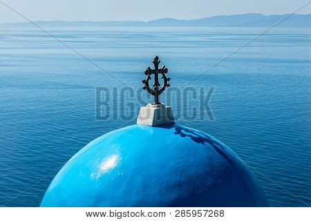 One Of The Iconic Blue Domes Of Athos, Greece