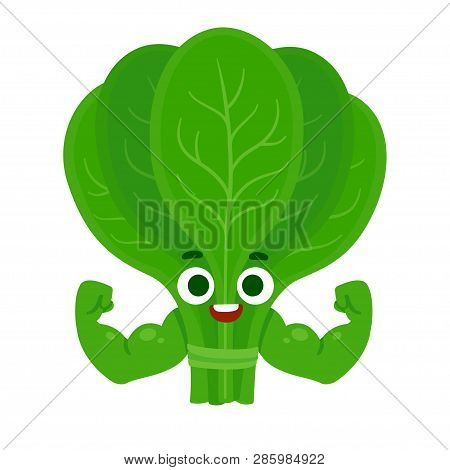Cute Cartoon Spinach Character With Muscular Arms. Funny Healthy Food Mascot. Isolated Vector Illust