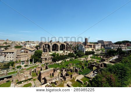 Wide Angle View Of The Roman Forum, With The The Basilica Of Maxentius And Constantine, Sometimes Kn