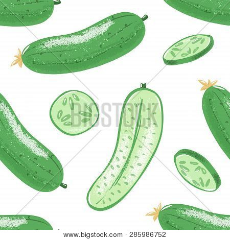 Seamless Pattern With Whole, Half And Sliced Cucumber, Textured Vector Illustration On White Backgro