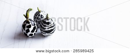 Set Of Easter Eggs Painted Like Zebra, Cow, Snow Leopard On A White Wooden Background. From Eggs Blo