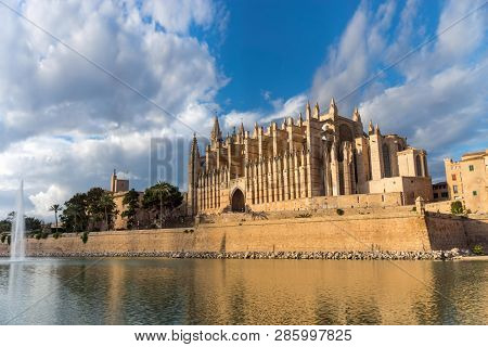 Timelapse Transition At Golden Hour Of La Seu, The Cathedral Of Palma De Mallorca, And Royal Palace 