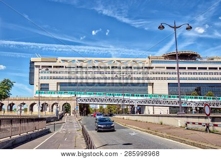 Paris, France - September 8, 2018: Bercy Bridge With French Ministry For The Economy And Finance In 