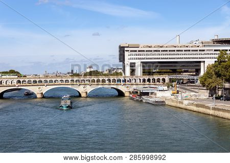 Paris, France - September 8, 2018: Bercy Bridge Over The Seine With French Ministry For The Economy 