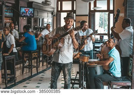 Havana, Cuba - October 18, 2019: Cuban Band Performing Live Music In A Bar (dos Hermanos) In Havana,