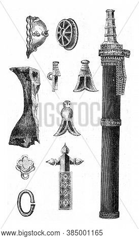 Objects found in the tomb of Childeric, in Tournai and on the battlefield of Attila, Vintage engraving. From Popular France, 1869.