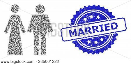 Married Textured Stamp Seal And Vector Recursive Collage Married Groom And Bribe. Blue Stamp Contain