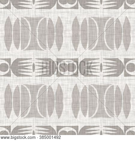 French Woven Linen Texture Geometric Shape Background. Old Ecru Flax Grey Geo Motif Seamless Pattern