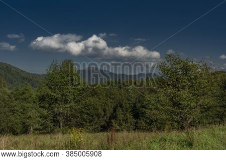 Big Mountains In Poland Near Cisna Town In Blue Sky Summer Day