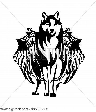 Black And White Vector Outline Of Standing Mythical Winged Wolf Simuran