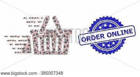 Order Online Textured Stamp Seal And Vector Fractal Mosaic Shopping Basket. Blue Stamp Seal Has Orde