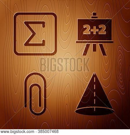 Set Geometric Figure Cone, Sigma Symbol, Paper Clip And Chalkboard On Wooden Background. Vector