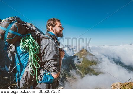 Last Steps Before Mont Blanc (monte Bianco) Summit 4,808 M Of Man With Climbing Axe Dressed Mountain