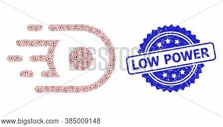 Low Power Unclean Stamp Seal And Vector Fractal Collage Speed Core. Blue Stamp Seal Contains Low Pow