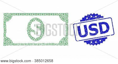 Usd Dirty Stamp Seal And Vector Recursive Composition Usd Banknote. Blue Stamp Seal Has Usd Tag Insi