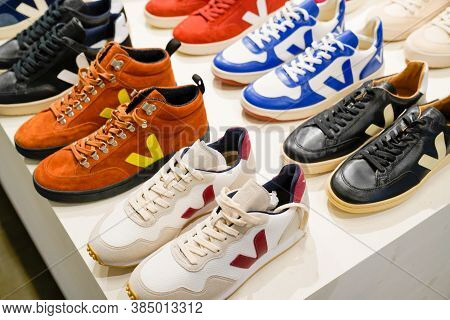 Bordeaux , Aquitaine / France - 09 01 2020 : Veja Shoes Many Sneakers Produced In Dignified Conditio