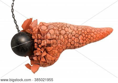 Pancreas Destroying By Wrecking Ball. Pancreatic Pain Concept, 3d Rendering Isolated On White Backgr