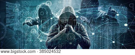 Anonymous Internet Hacker In Front Of Computer. Web Crime Concept