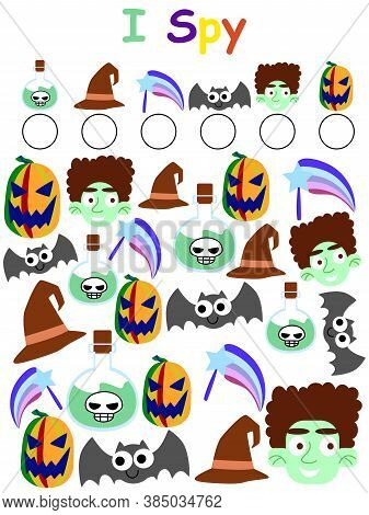 Amusing Halloween Activity I Spy Game Stock Vector Illustration. Find And Calculated All Subjects Gr