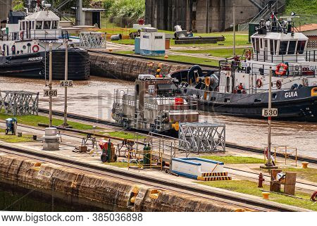 City Of Knowledge, Panama - November 30, 2008: Miraflores Locks. The Progresso And Guia Tugboats On 