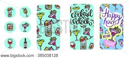 Cocktail Drawn Cartoon Style, Editable Templates For Social Media Stories. To Combine With Your Phot