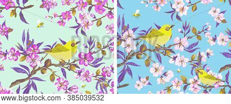 Seamless Pattern Blossoming Almond Branch With Pink Flowers And Yellow Bird. Illustration With Sprin