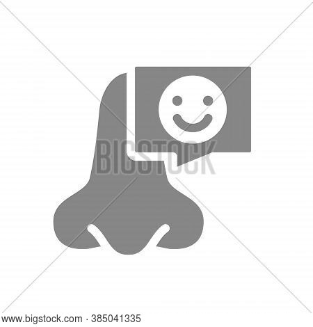 Nose With Happy Face In Chat Bubble Grey Icon. Olfactory Organ Symbol