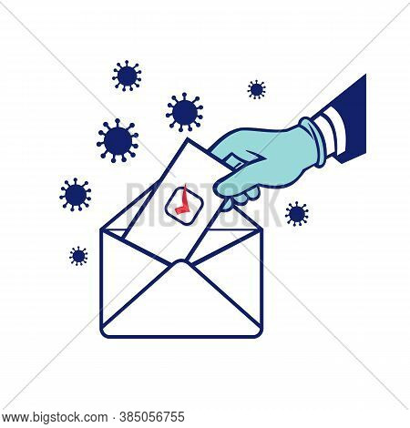 Retro Style Illustration Of An American Voter With Glove Hand Voting During Pandemic Covid-19 Corona