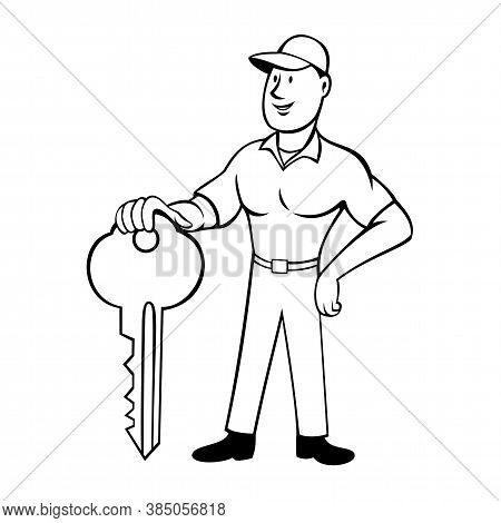 Cartoon Style Illustration Of A Locksmith Or Keymaker Standing And Holding A Key Viewed From Front O