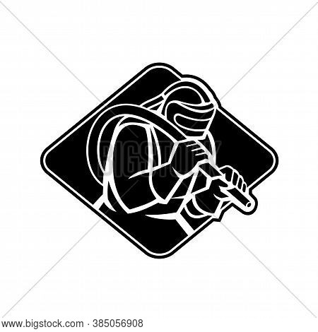 Stencil Black And White Illustration Of A Sandblaster Worker Holding Sandblasting Hose Wearing Helme