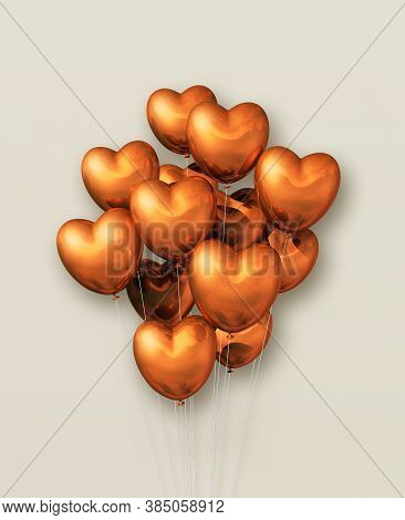 Copper Heart Shape Air Balloons Group On A Beige Background. 3d Illustration Render