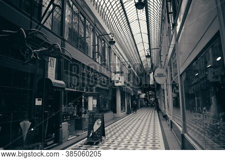 PARIS, FRANCE - MAY 13: Passage Jouffroy street view on May 13, 2015 in Paris. With the population of 2M, Paris is the capital and most-populous city of France
