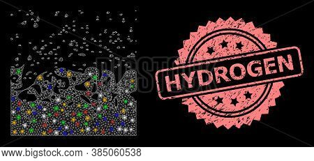 Glowing Mesh Net Boiling Liquid With Flash Nodes, And Hydrogen Textured Rosette Stamp. Illuminated V