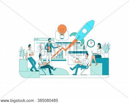 Startup Flat Concept Vector Illustration. Launch Of Business. Teamwork On Project. Analyze Financial