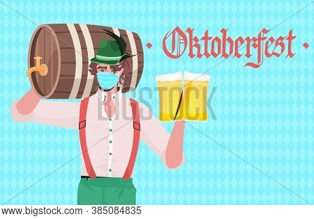 Man Holding Beer Mugs And Barrel Oktoberfest Party Festival Celebration Waiter Wearing Mask To Preve