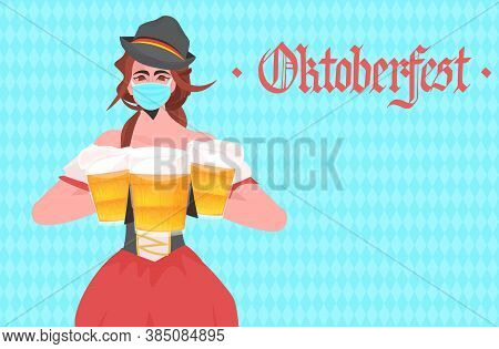 Woman Holding Beer Mugs Oktoberfest Party Festival Celebration Waitress Wearing Mask To Prevent Coro